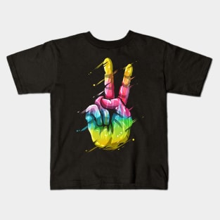 Colorful LGBTQ Victory Sign Hand Peace Sign Kids T-Shirt